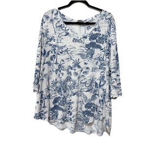 Nicole Miller New York 100% Linen Top 2X Blue White Toile Tropical Palm Print